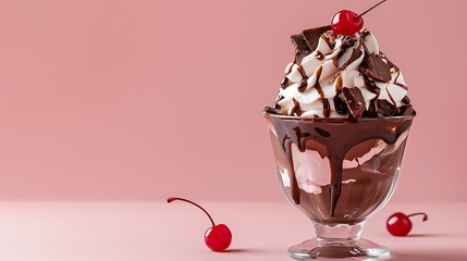 Isolated chocolate sundae with cherry on pink background