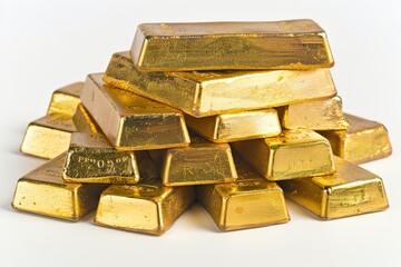 Stacked shiny gold bars forming a pyramid on white background