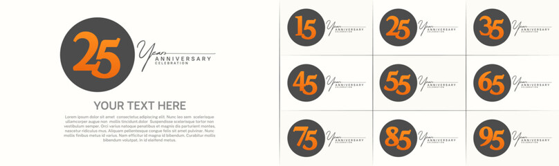 anniversary logotype set vector, black color circle and orange number for special day celebration