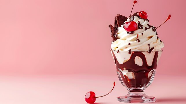 Isolated chocolate sundae with cherry on pink background