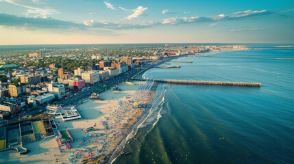 An aerial shot of a coastal city with a bustling harbor, sandy beaches, and a lively boardwalk