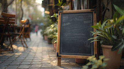 empty chalk board in front of coffee shop beside street