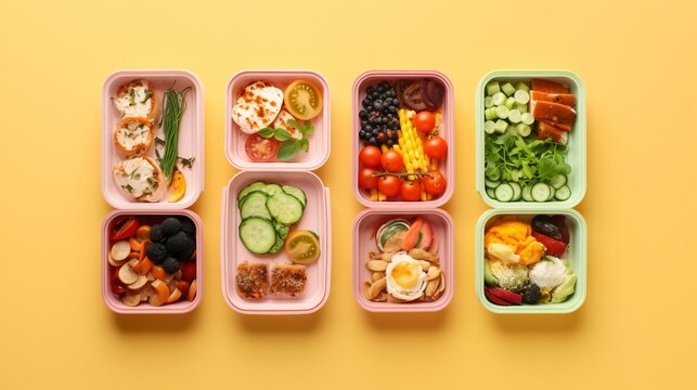 Lunchboxes on colorful table, flat lay. Healthy food delivery concept with freshly prepared meals in vibrant containers, top view. Nutritious lunch options for balanced eating and wellness, ideal for 
