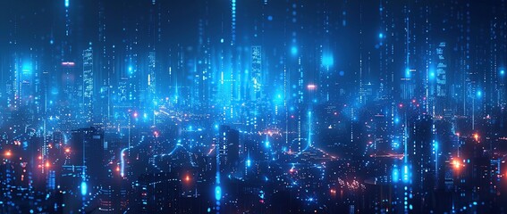 Obraz premium Cyberpunk Cityscape with Neon Lights and Data Streams