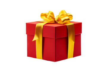 Red gift box with yellow bow and ribbons in top view on transparent PNG background, ideal for holiday celebrations and gift-giving designs