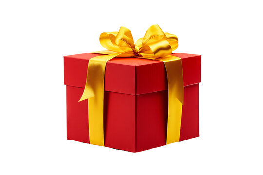 Red gift box with yellow bow and ribbons in top view on transparent PNG background, ideal for holiday celebrations and gift-giving designs