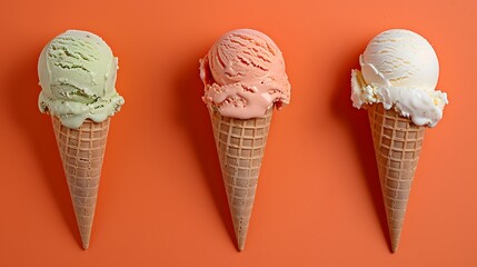Pistachio chocolate strawberry and vanilla ice cream in a cone on orange background