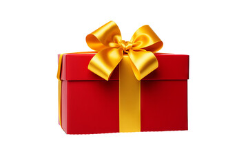 Obraz premium Red gift box with yellow bow and ribbons in top view on transparent PNG background, ideal for holiday celebrations and gift-giving designs