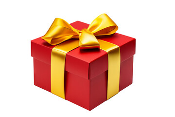 Fototapeta premium Red gift box with yellow bow and ribbons in top view on transparent PNG background, ideal for holiday celebrations and gift-giving designs