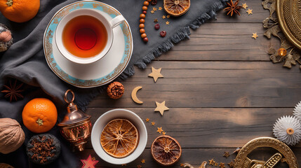 a top view, flat lay scene featuring a cup of tea accompanied by dried fruits on the table