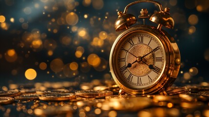 gold clock with gold coins. Time is money concept