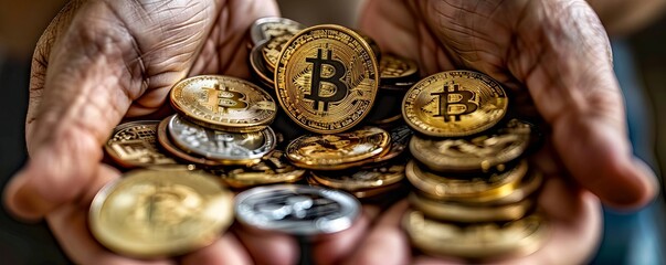 Hands holding holographic Bitcoin and Altcoins, digital ledger interface, modern currency exchange