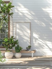 Fototapeta premium A wooden bench sits on the porch of a white house, perfect for outdoor seating or decorative display