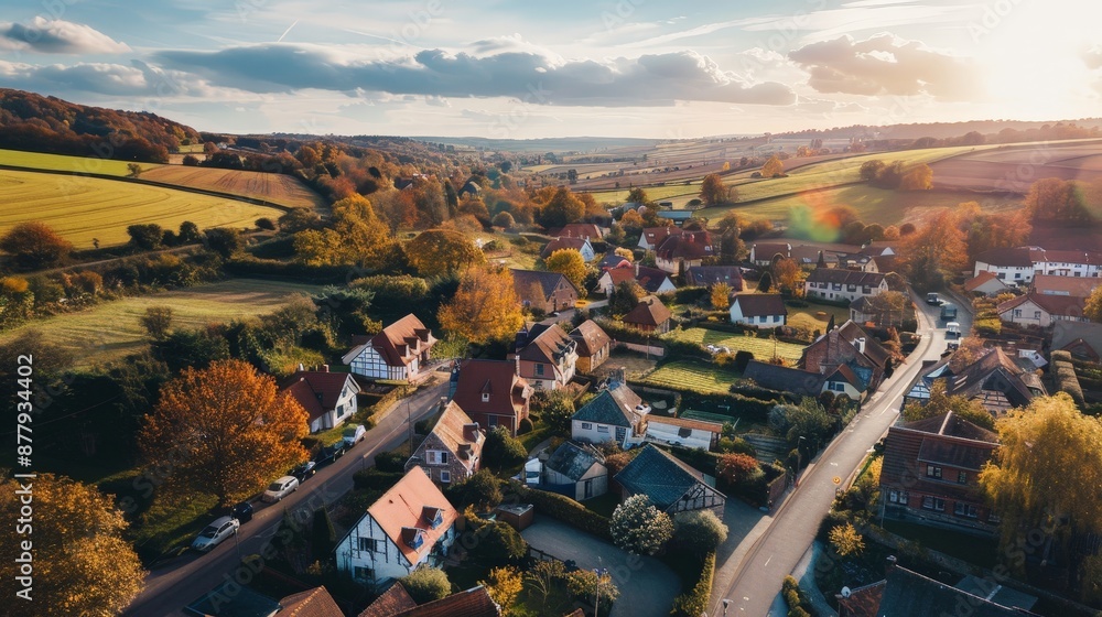 Poster An aerial shot of a serene countryside village, with quaint houses, winding roads, and surrounding farmland