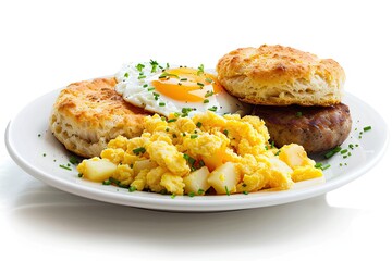 Scrumptious breakfast plate with eggs sausage biscuits and hash browns