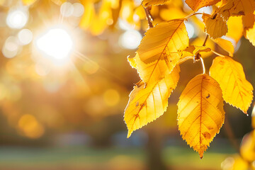 Obraz premium autumn leaves in the sun at a park autumn leaves blurry background bokeh copy space banner