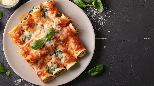  a top view scene featuring stuffed ricotta and spinach manicotti. Arrange the manicotti neatly on a white or neutral plate