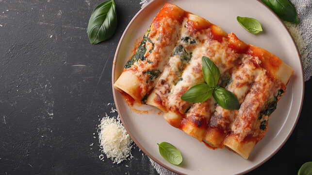  a top view scene featuring stuffed ricotta and spinach manicotti. Arrange the manicotti neatly on a white or neutral plate