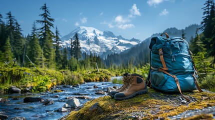 Hiking boots and backpack by a river with a mountain in the background.