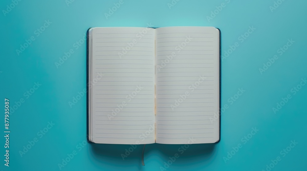Poster top view of empty notebook on cyan background