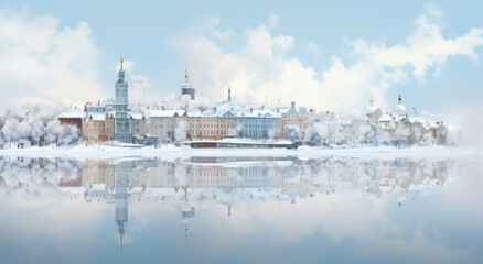 Serene Winter Cityscape with Mirror Reflection