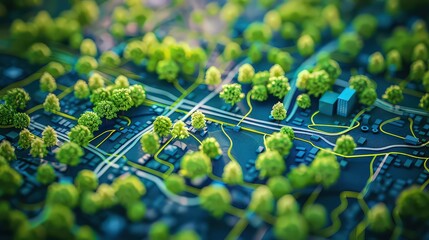 Census of trees in cities - green management and tree mapping concept with imaginary city map with highlighted trees.