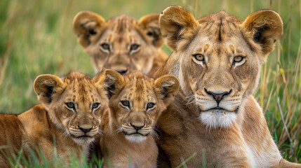 Naklejka premium Close up of a lion family, lioness with small lion cubs sit and wait for prey, generative ai