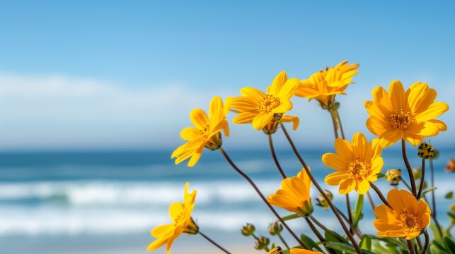 Vibrant autumn flowers blooming near the coastline, picturesque beach with a blend of fall foliage and tranquil ocean waves, crisp atmosphere