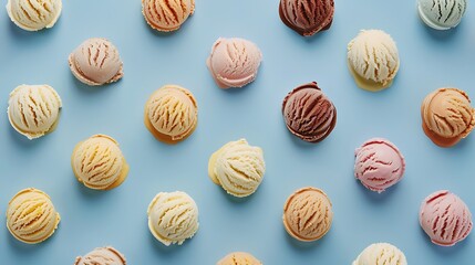 Top view of seamless background of assorted scoops of ice cream arranged in lines on blue table