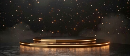Luxurious black and gold podium illuminated by glowing lights, set against a starry night sky background, perfect for product displays or awards ceremonies.
