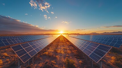 Beautiful sunset over a solar panel farm in a desert landscape, with mountains in the background and a vibrant sky.