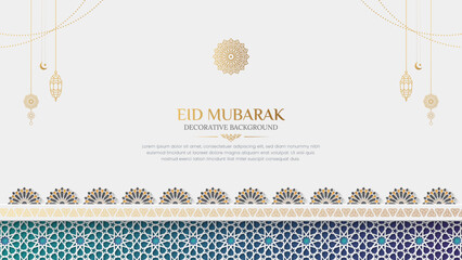Eid Mubarak greeting card social media post with colorful ornamental Islamic pattern