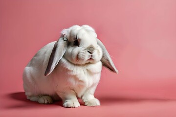 Adorable white Holland Lop rabbit with floppy ears, valentines day concept, soft pastel pink background, perfect for pet love. cute and affectionate vibe. generative ai