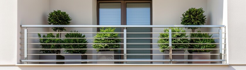 Modern balcony with metal railing, green potted plants, and two large windows. Contemporary exterior design with minimalist decoration.