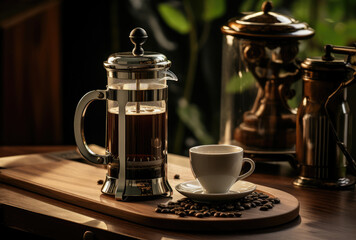 Elegant French Press Coffee Setup in Cozy Cafe