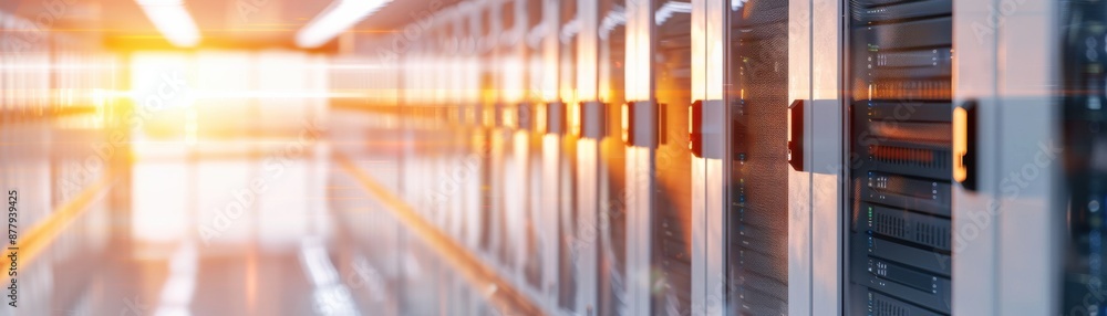 Poster modern data center servers with sunlight streaming in, illustrating advanced technology and high-spe