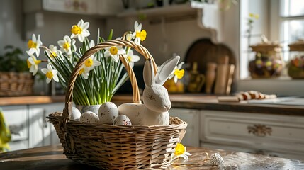 A basket with a wooden white rabbit and eggs stands on the table in the kitchen with easter decorations nearby glass vase with daffodils flowers close up
