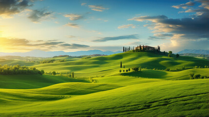 Obraz premium Tuscan Sunrise Over Rolling Green Hills