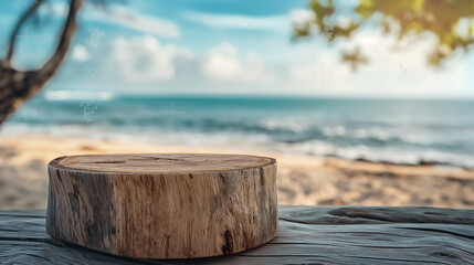 empty wooden log placed on a rustic table with a blurred sea beach in the background