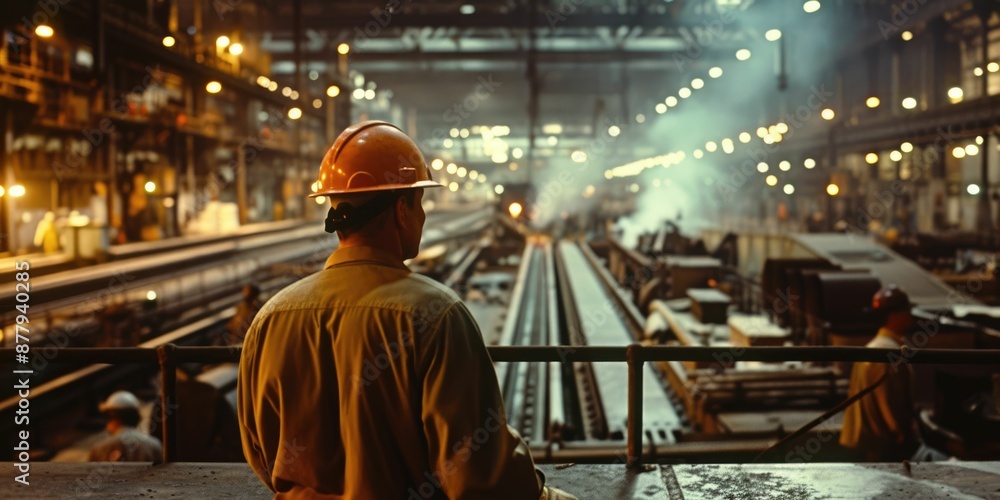 Poster smart civil engineer with safety helmet looking at production line while standing in front of factor