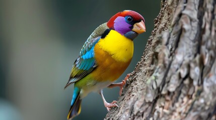 Obraz premium A close up image of colourful gouldian finch bird perched on a tree trunk looking right