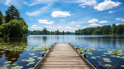 Wooden Dock Extending into a Serene Lake with Lush Greenery