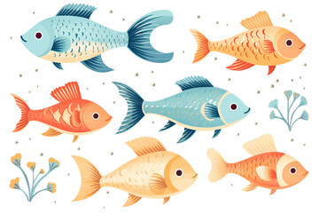 Naklejka premium Set of cute fish stickers in PNG clipart style on isolated transparent background for fun and creative design projects