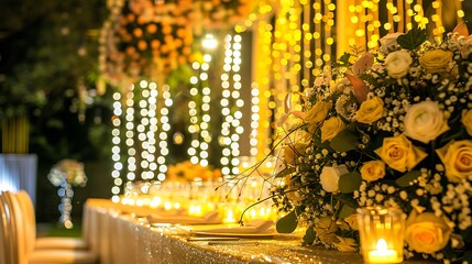 Obraz premium A decorated table at a yellow wedding reception on lights