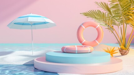 Fototapeta premium Summer Beach Scene with Pool Float and Umbrella