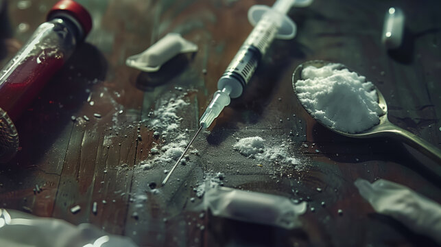Dramatic scene with drug paraphernalia including a syringe and powder on a dark wooden surface, highlighting the harsh realities of addiction.