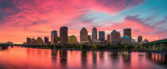 Naklejka premium Vibrant Sunset Sky Over City Waterfront