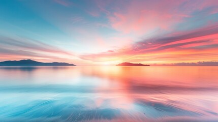 Fototapeta premium Vivid coastal vacation, radiant sunset over a tranquil bay, vibrant colors blending with the serene waters, a perfect getaway