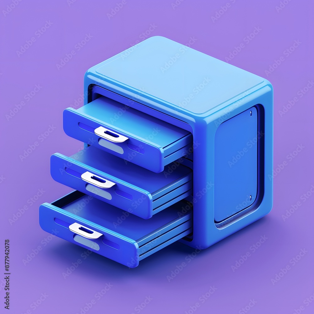 Poster 3d rendered image of a blue filing cabinet with three open drawers on a purple background. digital i