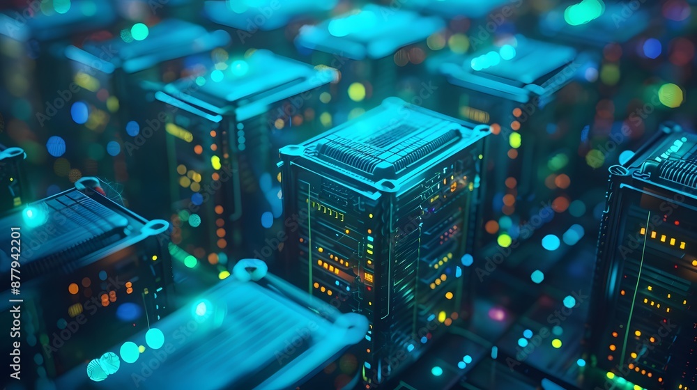 Poster a close-up view of illuminated server racks in a data center, highlighting advanced technology and n